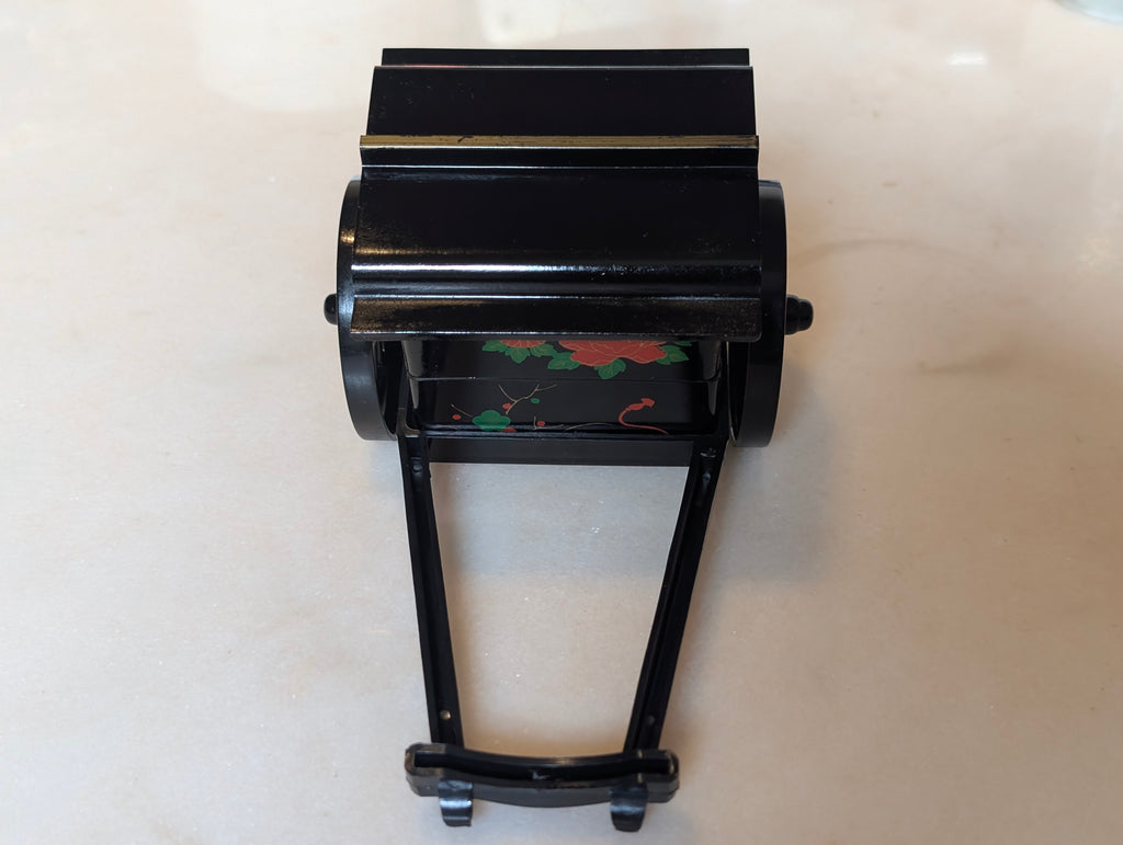 Vintage Japanese Lacquer Miniature Rickshaw Jewelry Trinket Box Black Floral