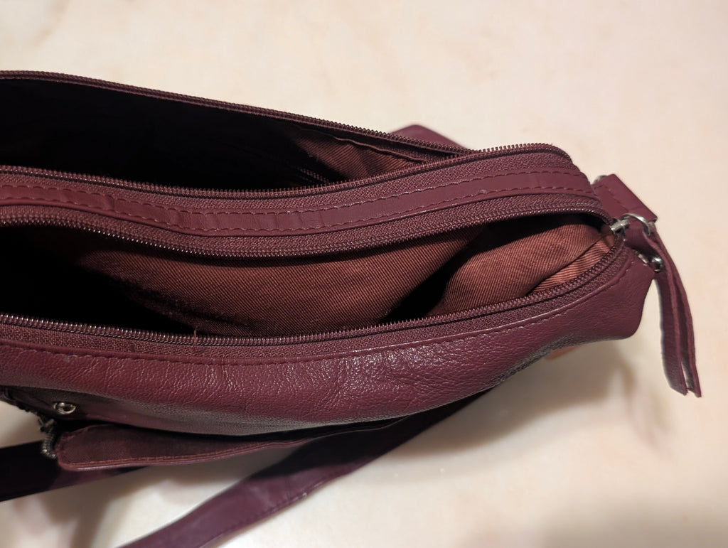Burgundy Leather Shoulder Bag – Multiple Zip Pockets