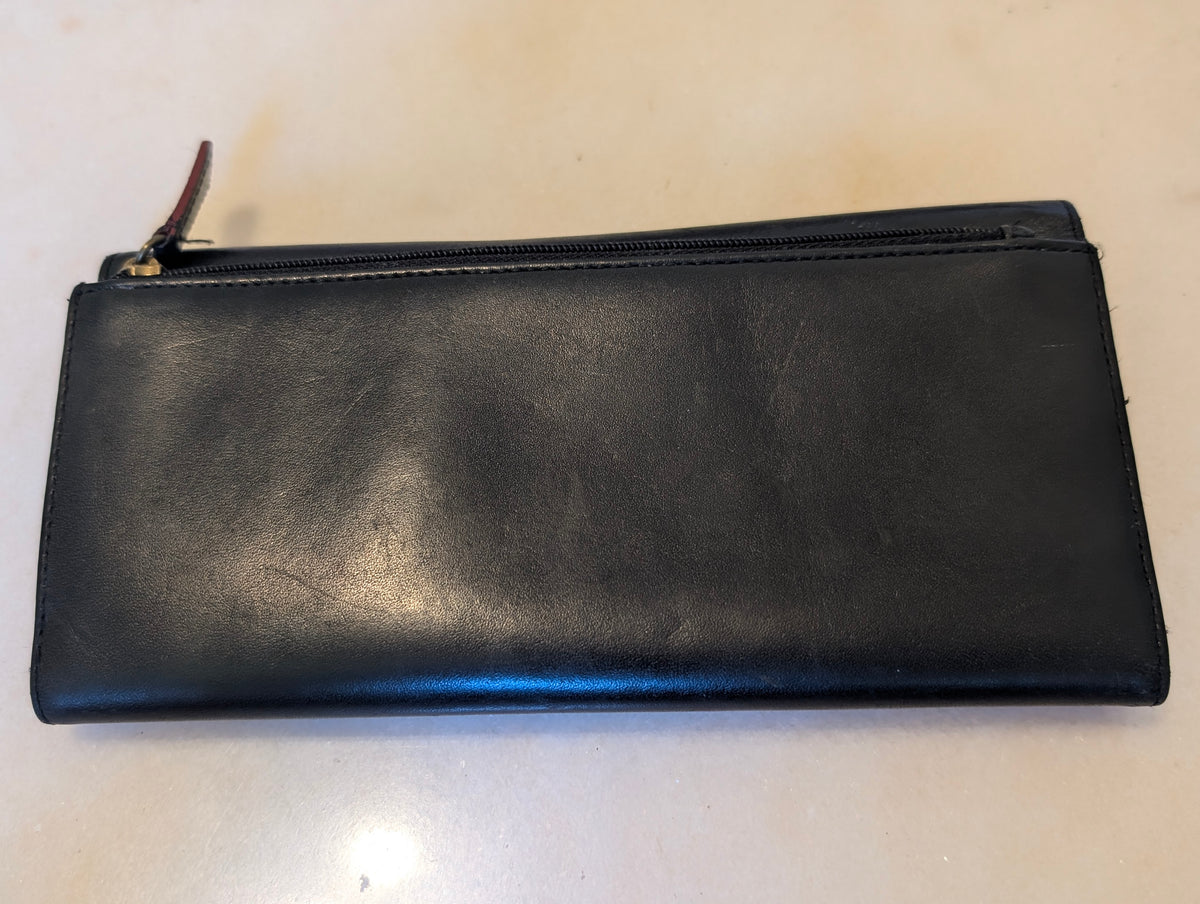 Adrienne Vittadini Black Leather Embroidered Floral Checkbook Wallet Clutch