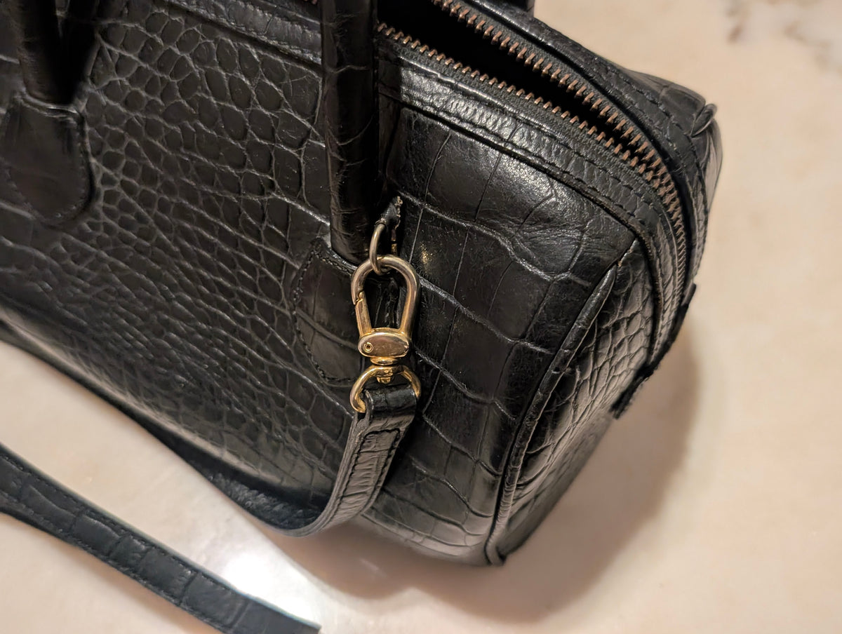 Enzo Angiolini Black Croc Embossed Leather Satchel Doctor Bag Crossbody Purse