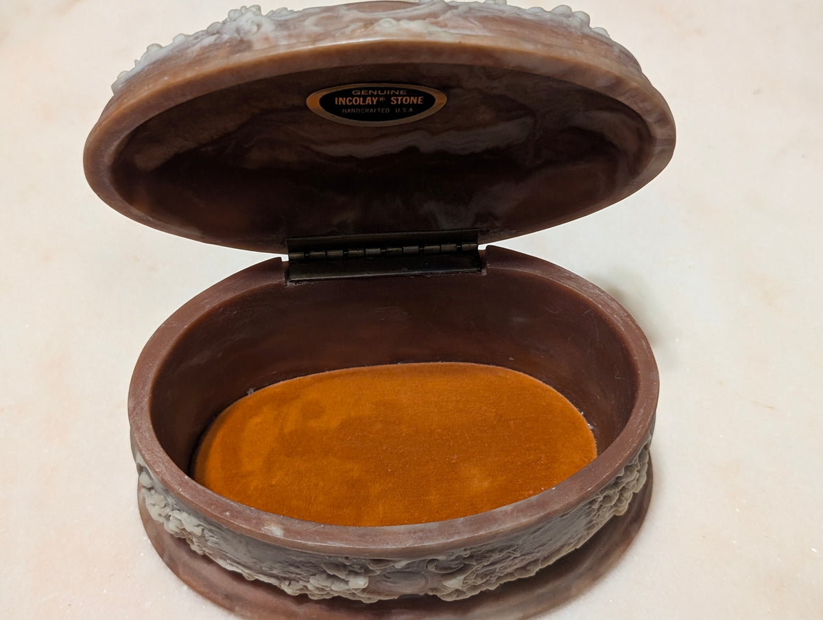 Vintage Genuine Incolay Stone Oval Jewelry Trinket Box Hinged Lid Handcrafted USA Cherubs