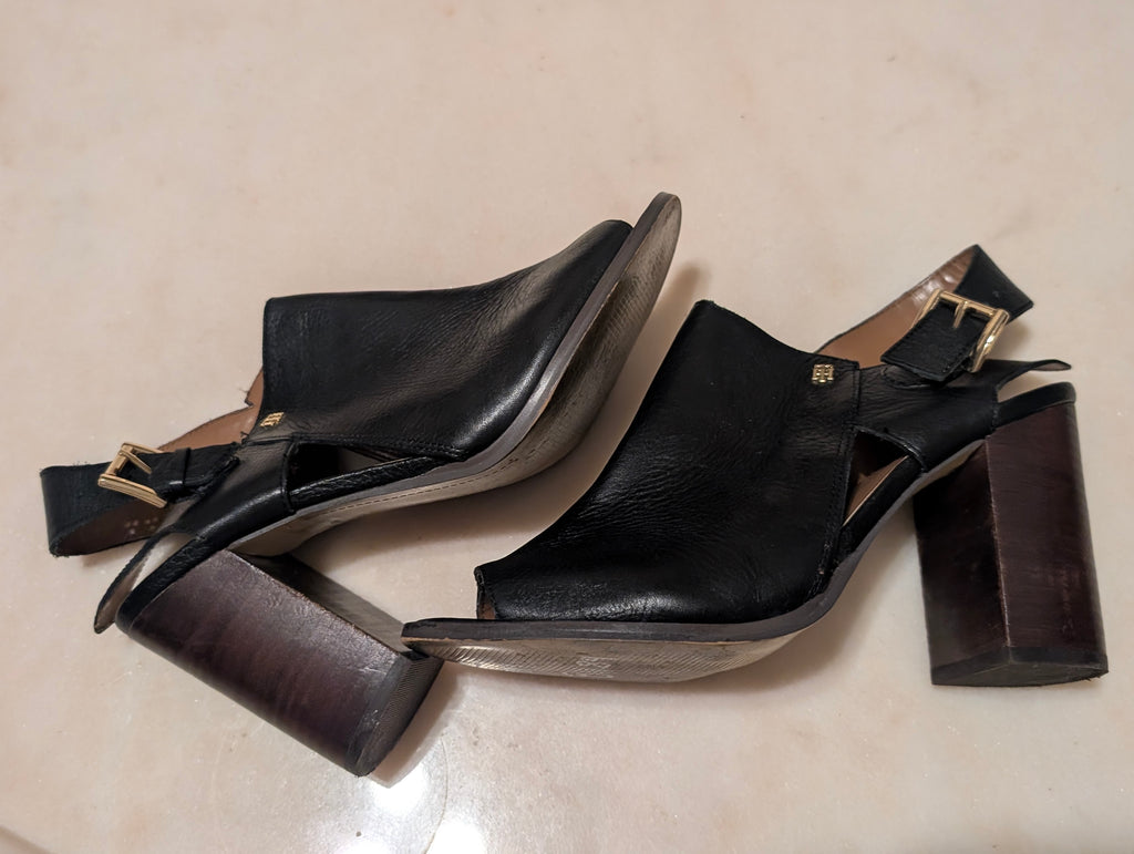 Tommy Hilfiger Black Leather Peep Toe Slingback Block Heel Sandals Women's 9.5M