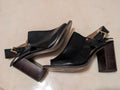 Tommy Hilfiger Black Leather Peep Toe Slingback Block Heel Sandals Women's 9.5M