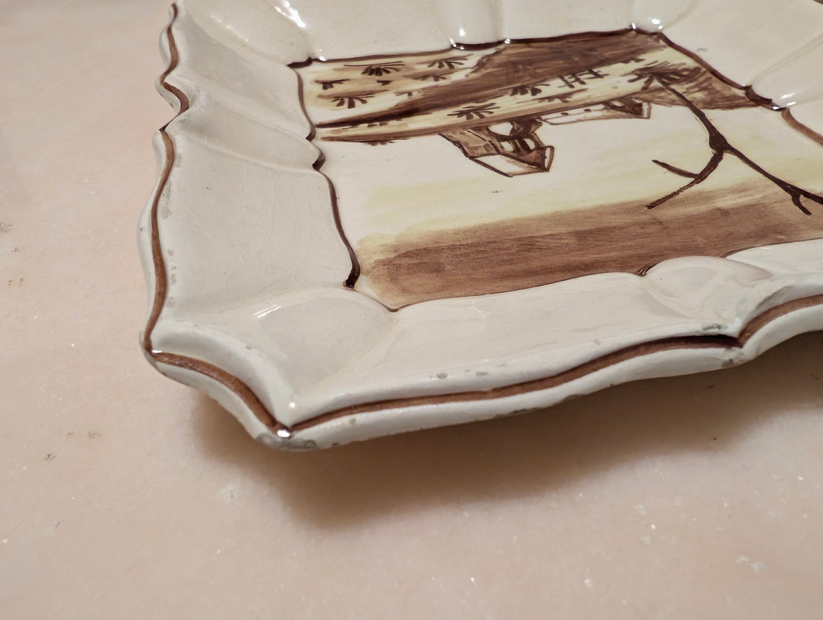 Vintage Italian Hand Painted Ceramic Landscape Plates Set of 2 Scalloped, Made in Italy