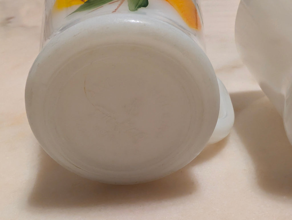 Anchor Hocking Fire-King Milk Glass Coffee Mugs Hand Painted Floral Set (2)