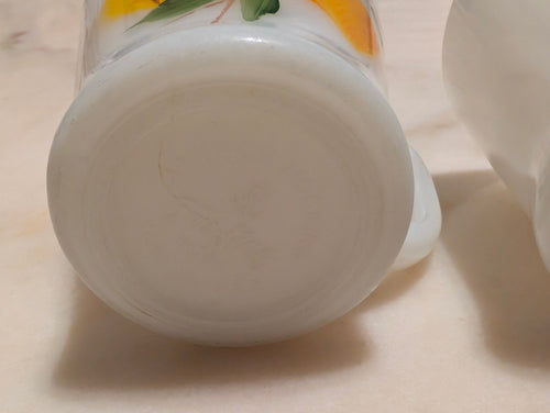Anchor Hocking Fire-King Milk Glass Coffee Mugs Hand Painted Floral Set (2)