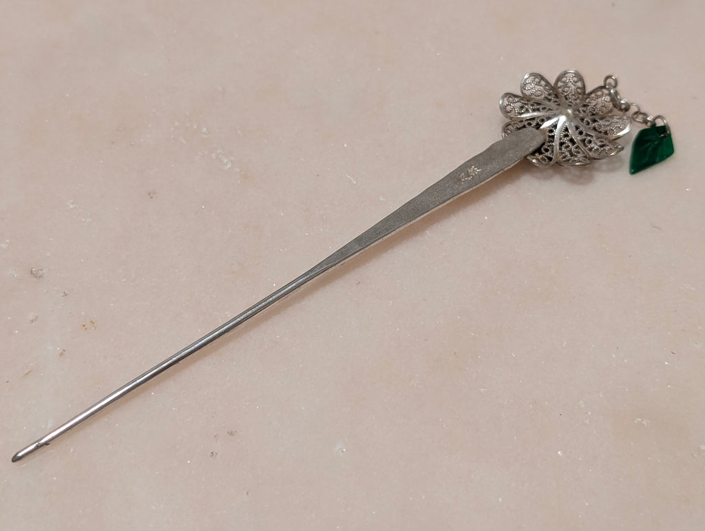Vintage Chinese Silver Filigree Hair Stick Pin Jade Leaf Charm Marked Zu Yin 足銀