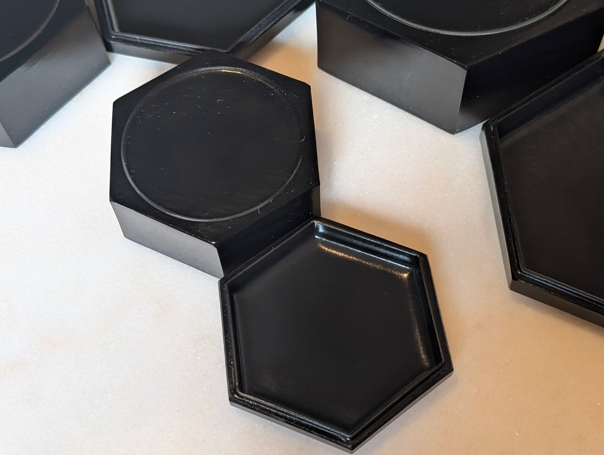 Japanese Black Lacquer Nesting Trinket Boxes Set of 3 Hexagon Mother of Pearl Butterfly Floral