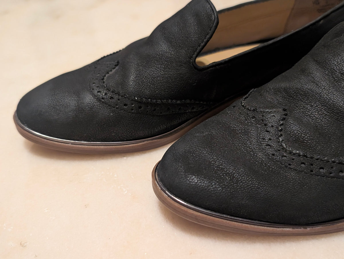 Franco Sarto Black Leather Smoking Loafers Wingtip Flats (size 7M)