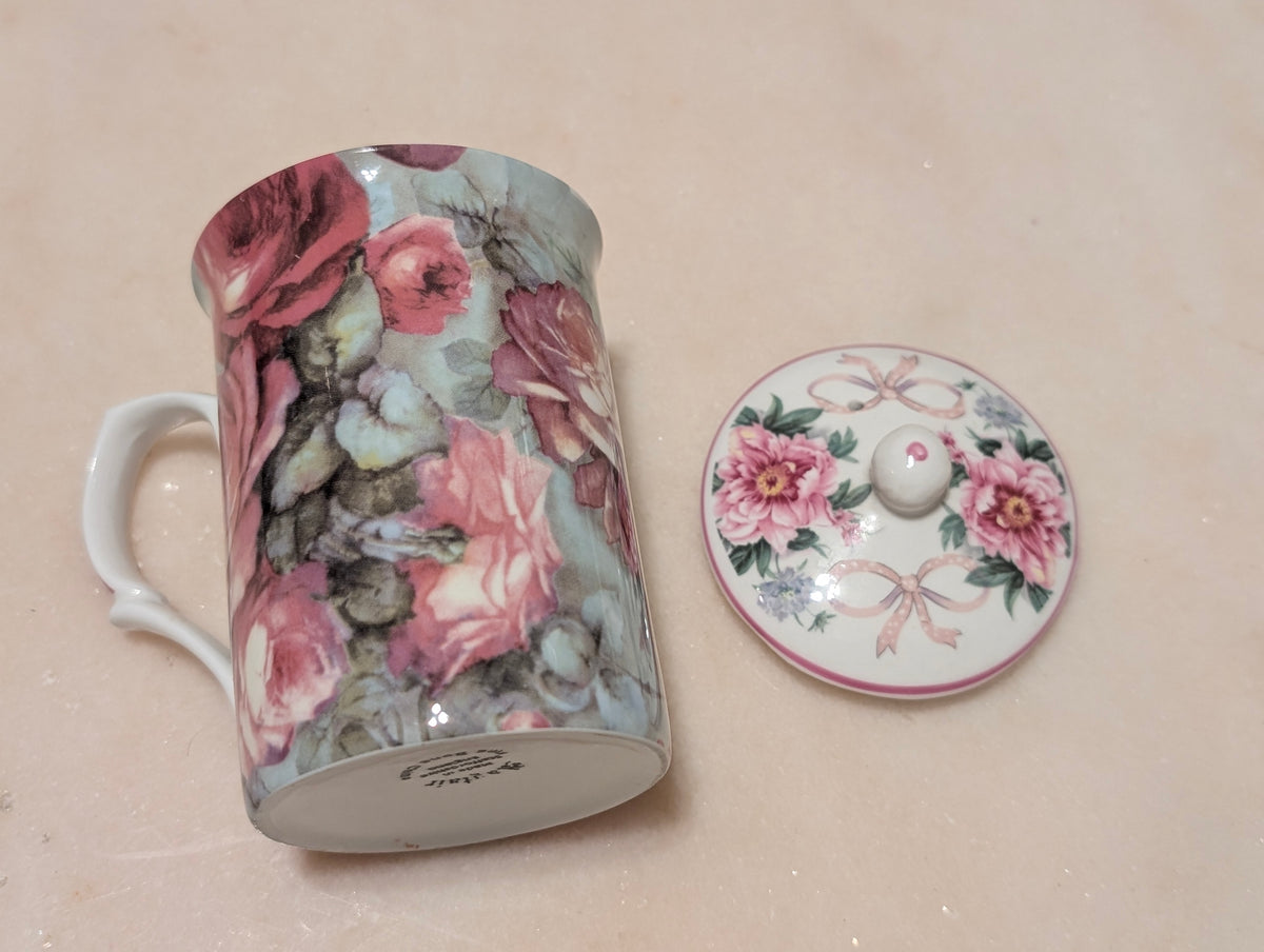 Mayfair Fine Bone China Staffordshire England Floral Tea Mug w/ Lid