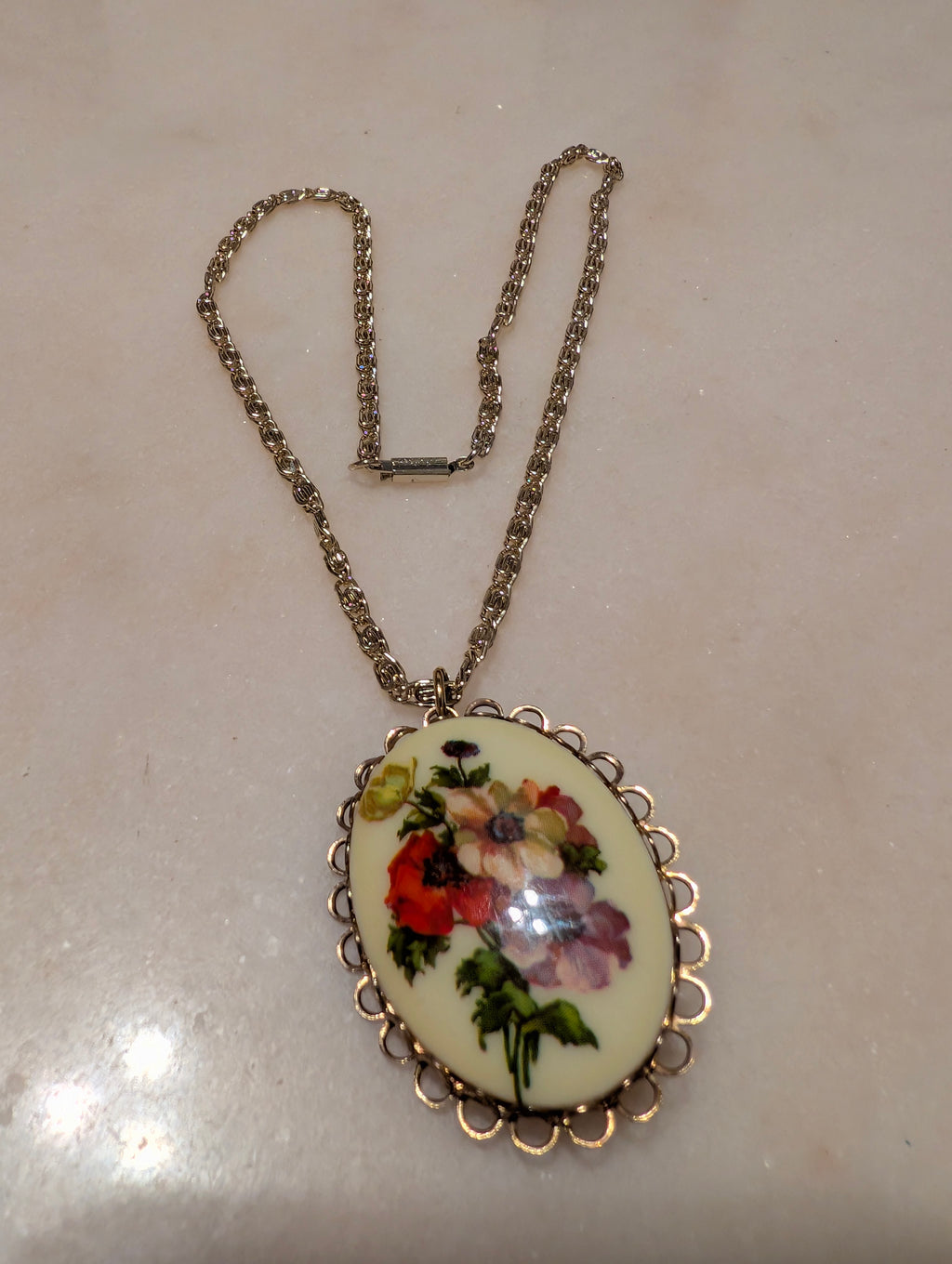 Vintage German Floral Cameo Pendant Necklace & Brooch