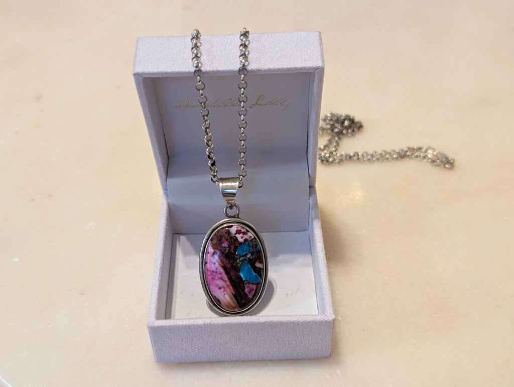 Sterling Silver 925 Oval Pendant Necklace – Colorful Composite Turquoise and Majove Style Stone