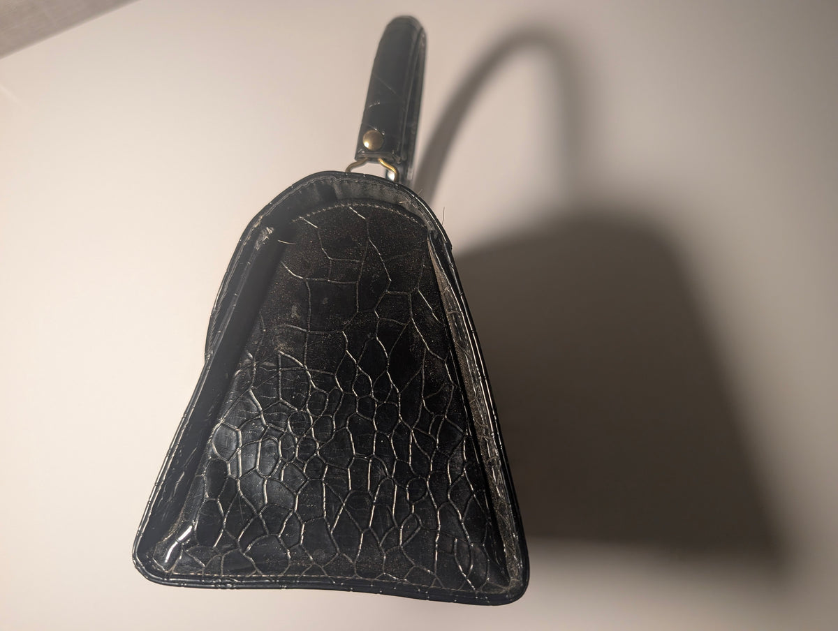 Black Patent Reptile Embossed Top Handle Handbag Mid Century Purse Retro