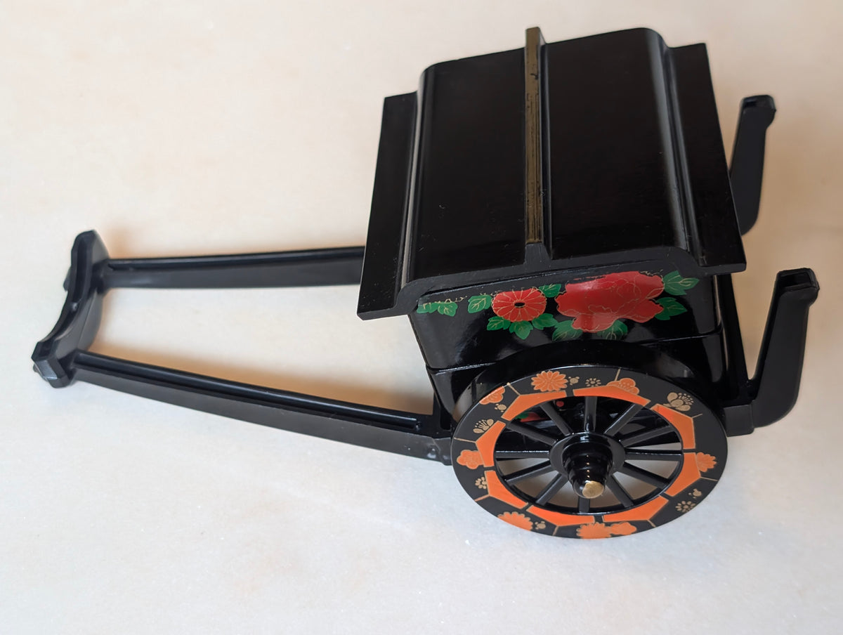 Vintage Japanese Lacquer Miniature Rickshaw Jewelry Trinket Box Black Floral