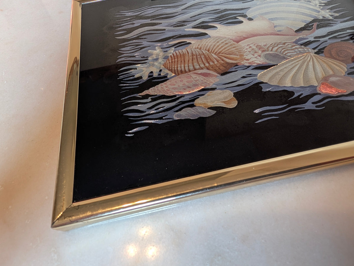 Vintage Kafka Industries #4225 Coastal Seashell Screened Etching Foil Art Framed 1985 USA