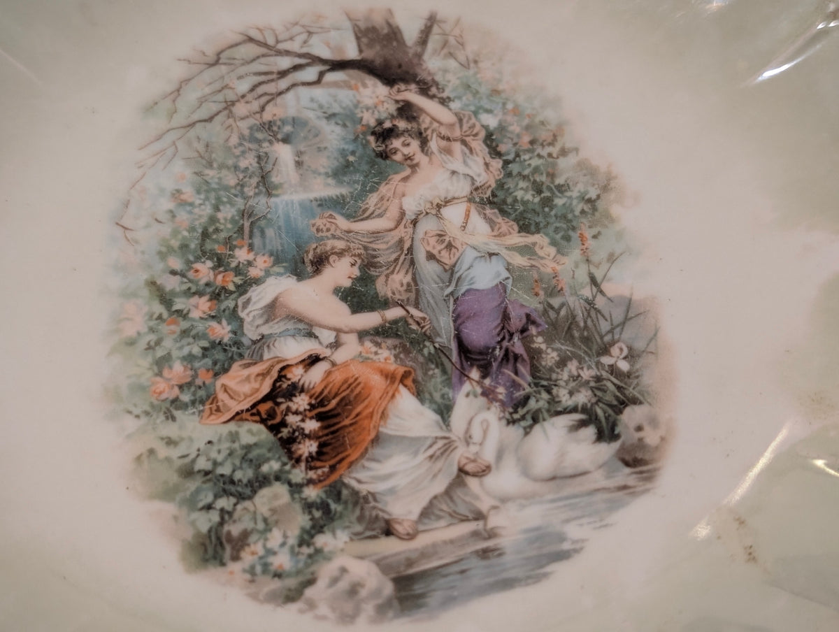 Antique German Porcelain Decorative Bowl Scalloped Green Border Romantic Scene