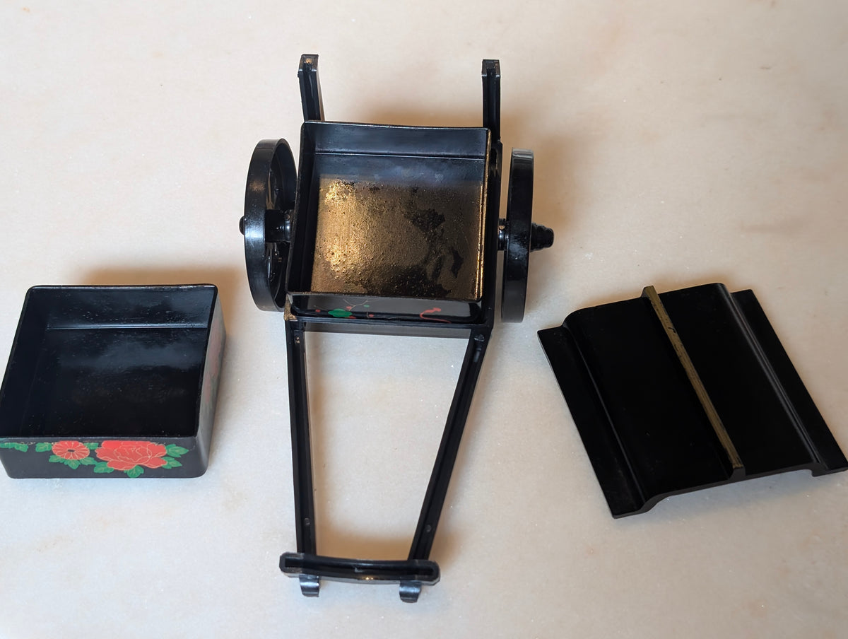 Vintage Japanese Lacquer Miniature Rickshaw Jewelry Trinket Box Black Floral
