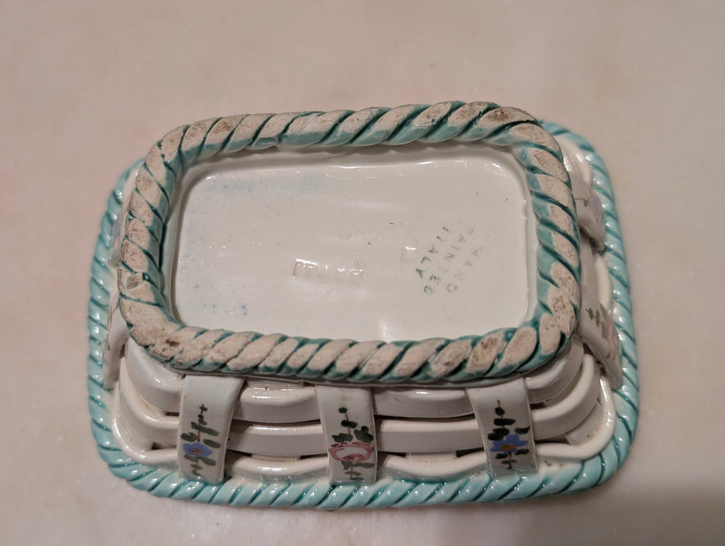 Vintage Hand Painted Italian Ceramic Lattice Basket with Roses and Floral
