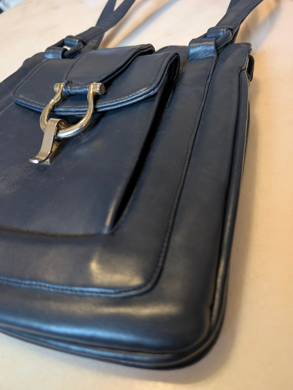 Lou Taylor Leather Navy Blue Shoulder Purse with Vanity Mirror