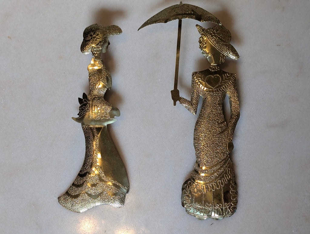 Vintage Brass Victorian Ladies Wall Plaques Pair Umbrella Parasol Hollywood Rege
