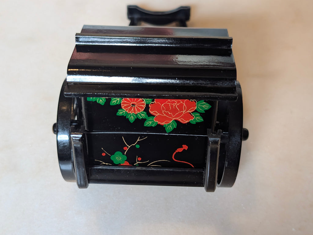 Vintage Japanese Lacquer Miniature Rickshaw Jewelry Trinket Box Black Floral