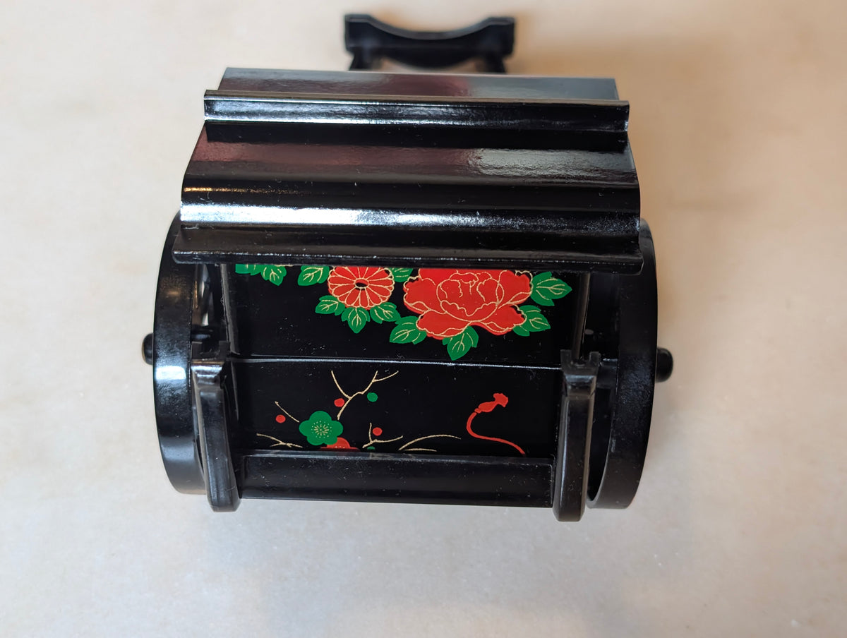 Vintage Japanese Lacquer Miniature Rickshaw Jewelry Trinket Box Black Floral