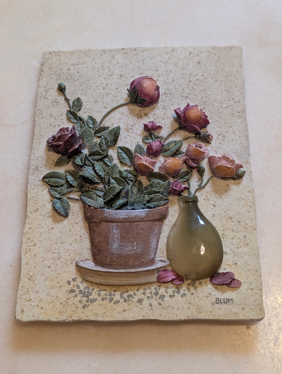 Vintage 3D Floral Wall Plaque – BLUM – Raised Rose Relief Wall Hanging