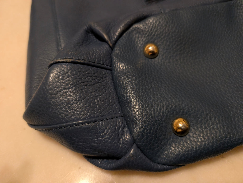Tignanello Blue Pebbled Leather Boho Shoulder Bag Gold Hardware Large Handbag