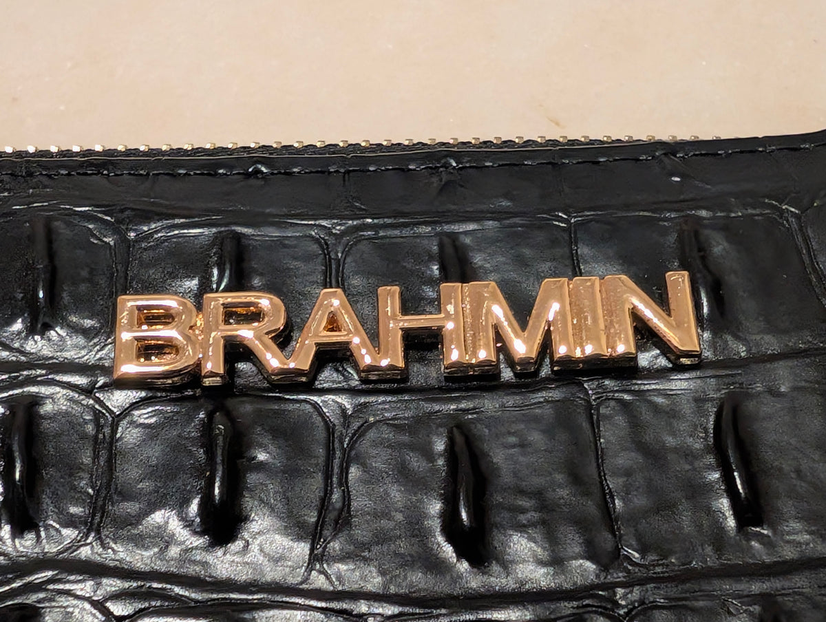 Brahmin Black Melbourne Croc Embossed Leather Zip Around Wallet Purse