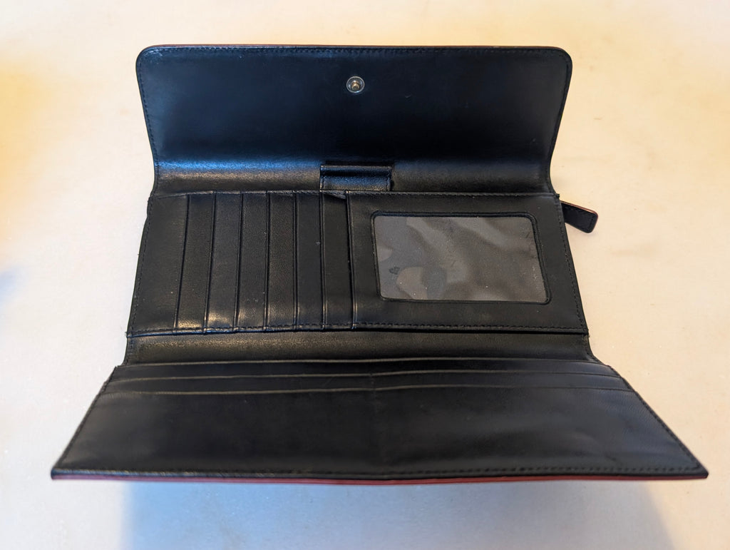 Adrienne Vittadini Black Leather Embroidered Floral Checkbook Wallet Clutch