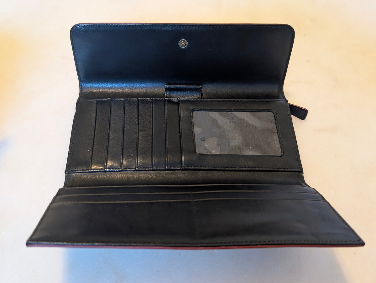 Adrienne Vittadini Black Leather Embroidered Floral Checkbook Wallet Clutch