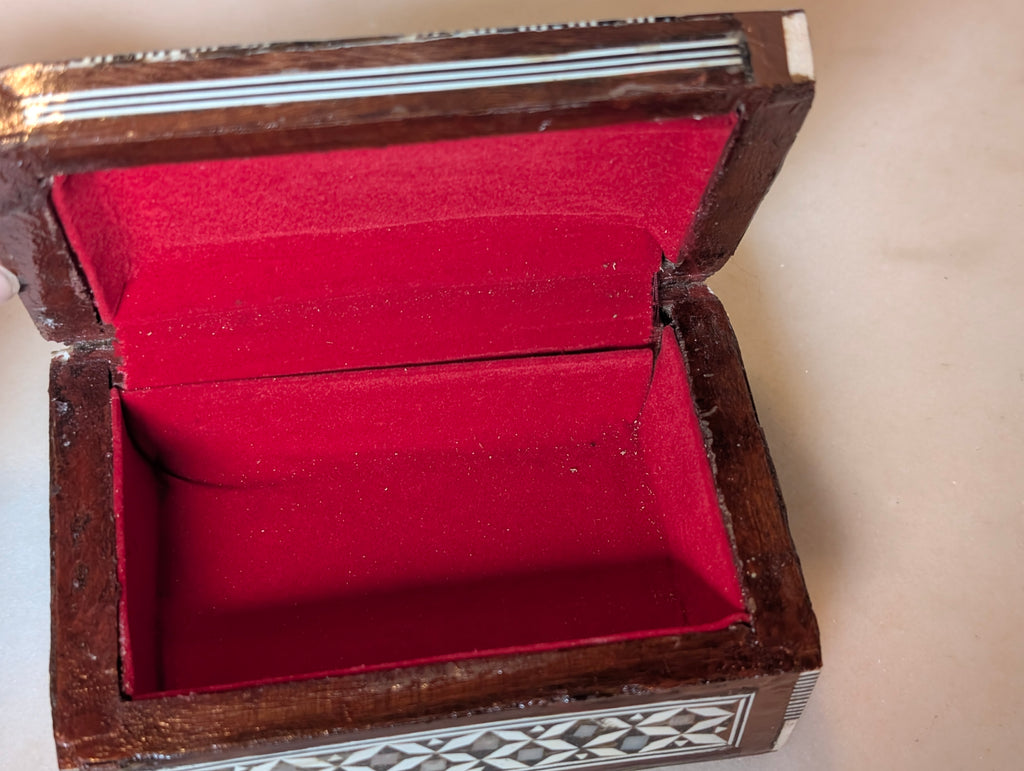 Syrian Style Mother of Pearl Inlay Wood Jewelry Trinket Box Red Velvet Lined