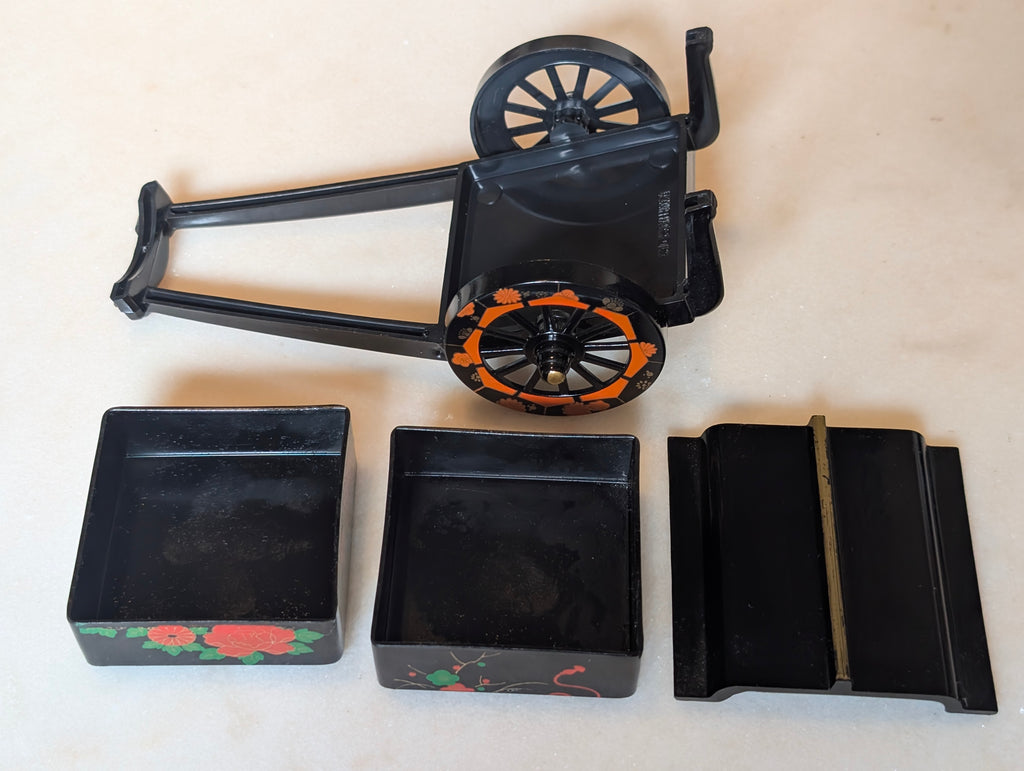 Vintage Japanese Lacquer Miniature Rickshaw Jewelry Trinket Box Black Floral