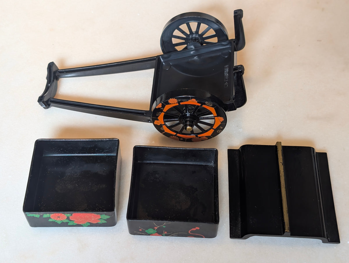 Vintage Japanese Lacquer Miniature Rickshaw Jewelry Trinket Box Black Floral