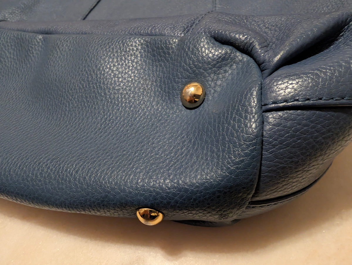 Tignanello Blue Pebbled Leather Boho Shoulder Bag Gold Hardware Large Handbag