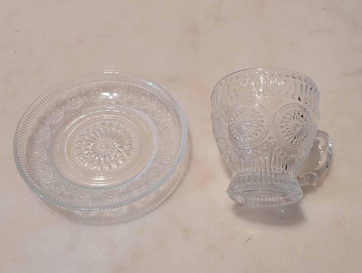 Vintage Clear Pressed Glass Teacup & Saucer Set Thumbprint Floral Pattern