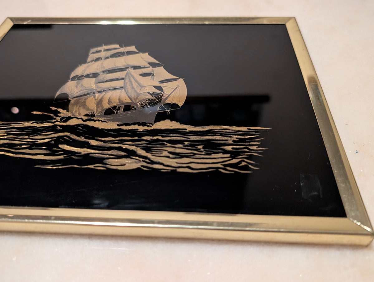 Vintage Kafka Industries #4118 3D Clipper Ship Foil Screen Etching Wall Art Framed Made in USA