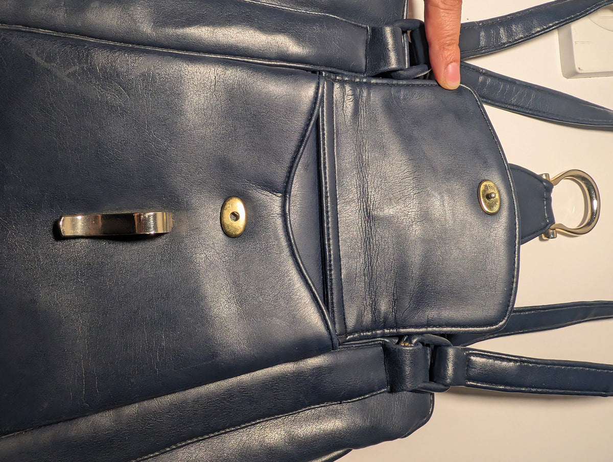 Lou Taylor Leather Navy Blue Shoulder Purse with Vanity Mirror
