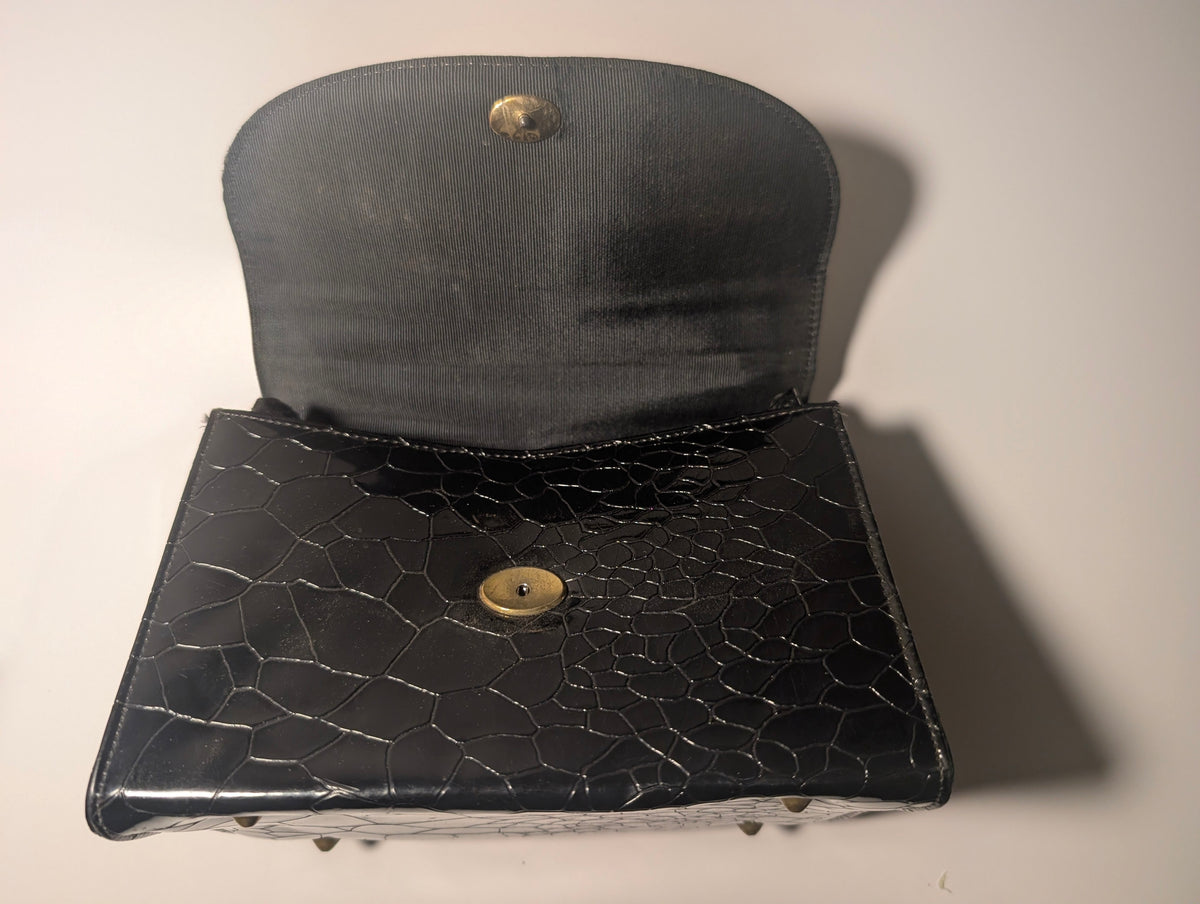 Black Patent Reptile Embossed Top Handle Handbag Mid Century Purse Retro