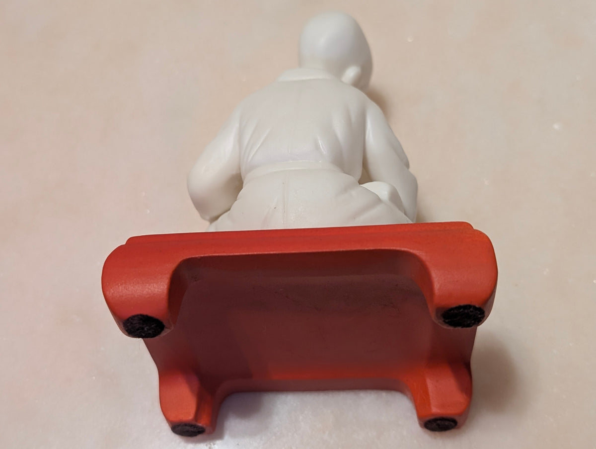 Chinese Bisque Porcelain Scholar Figurine on Red Display Stand – Blanc de Chine Style
