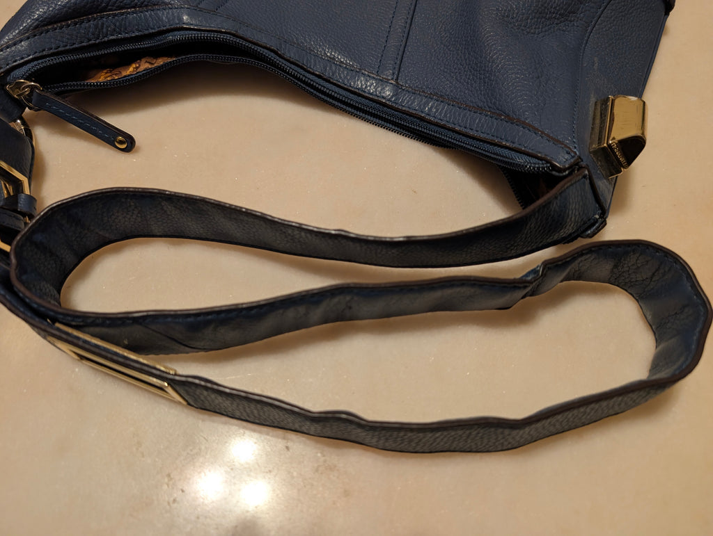 Tignanello Blue Pebbled Leather Boho Shoulder Bag Gold Hardware Large Handbag