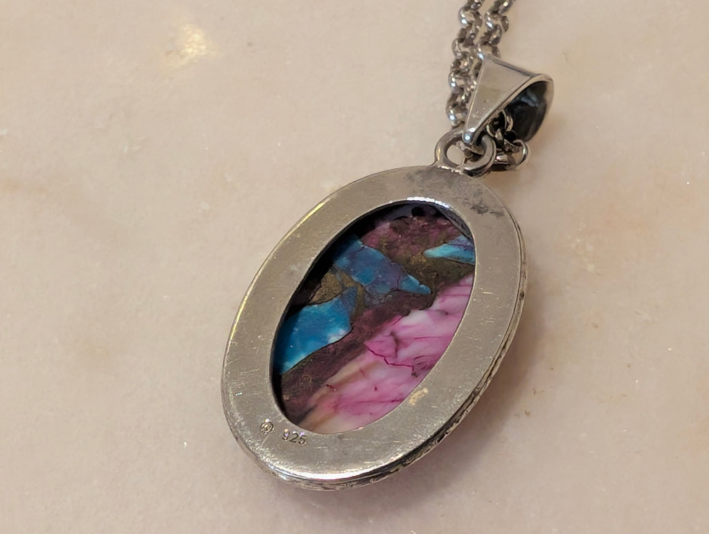 Sterling Silver 925 Oval Pendant Necklace – Colorful Composite Turquoise and Majove Style Stone
