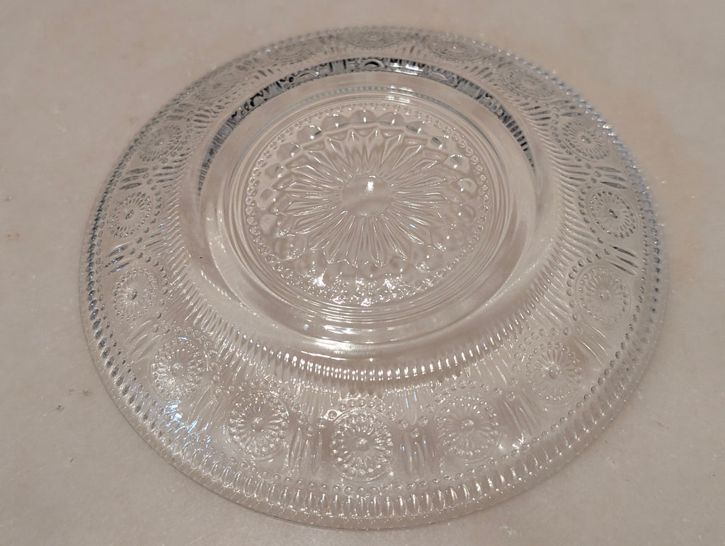 Vintage Clear Pressed Glass Teacup & Saucer Set Thumbprint Floral Pattern