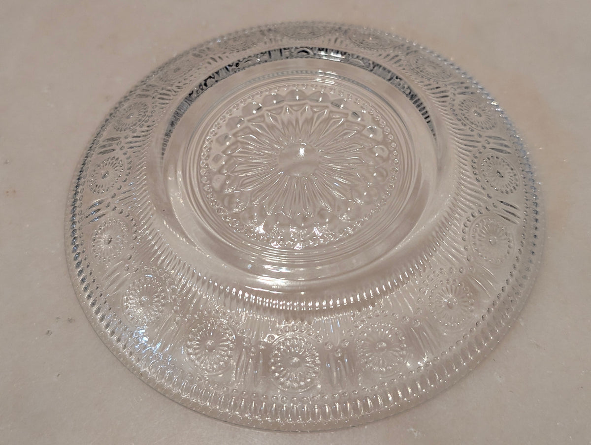 Vintage Clear Pressed Glass Teacup & Saucer Set Thumbprint Floral Pattern