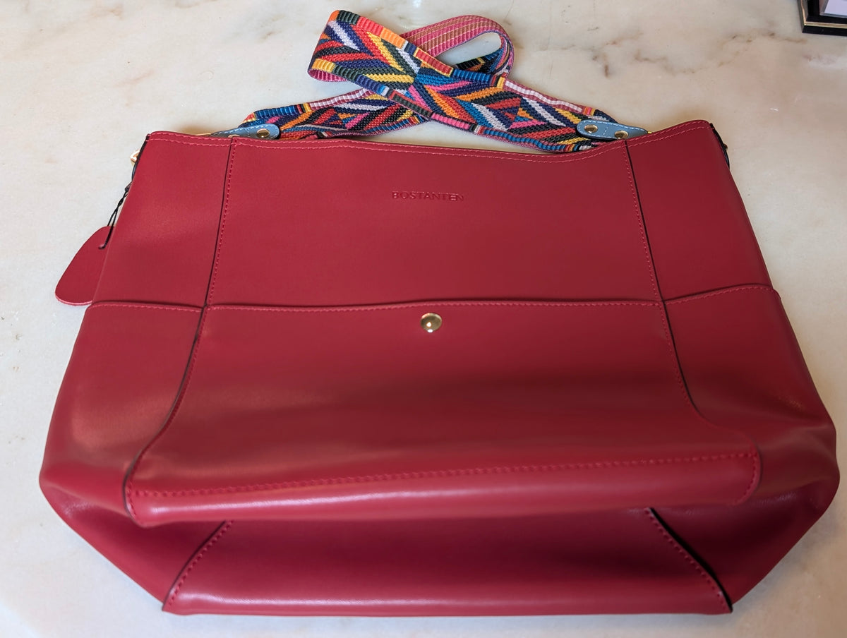 BOSTANTEN Leather Red Tote Shoulder Bag Colorful Woven Strap