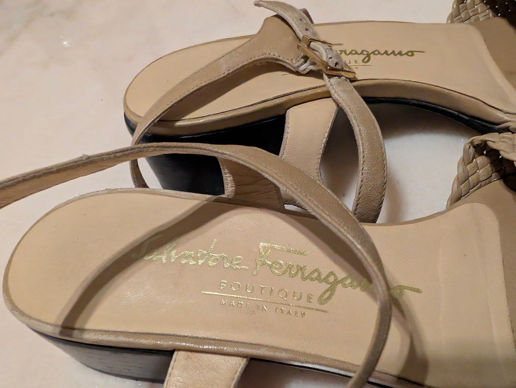 Salvatore Ferragamo Woven Leather Sandals Beige Italy Size 7B
