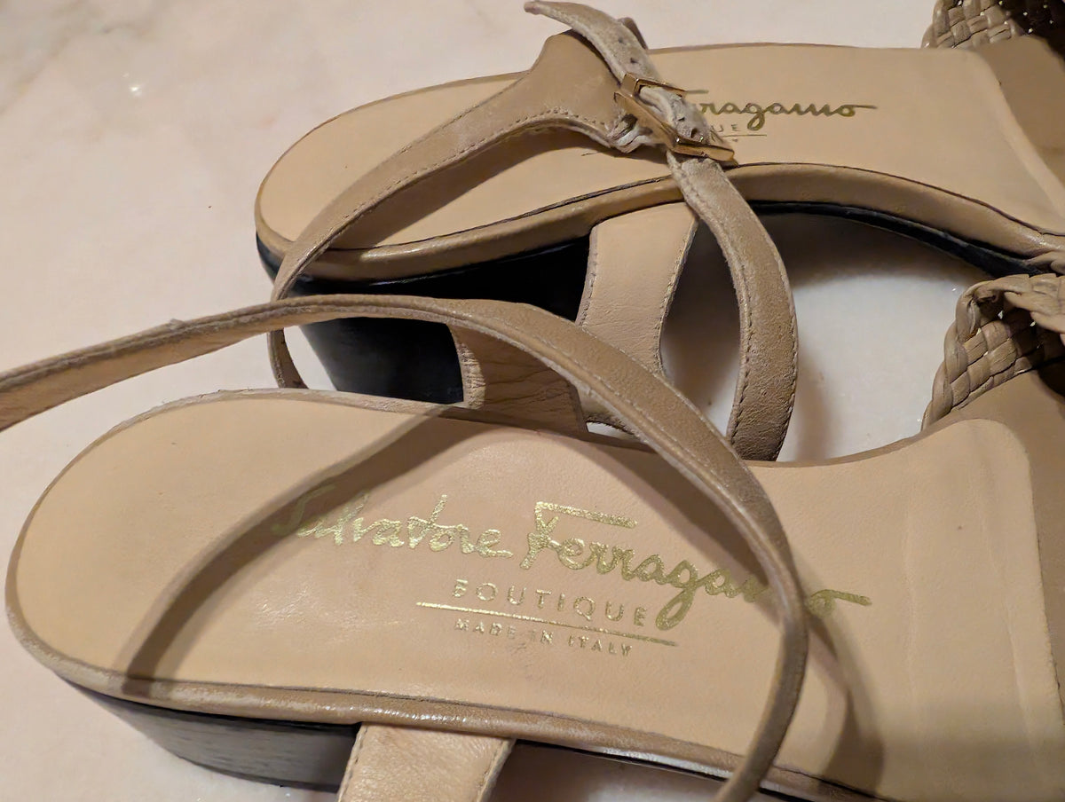 Salvatore Ferragamo Woven Leather Sandals Beige Italy Size 7B
