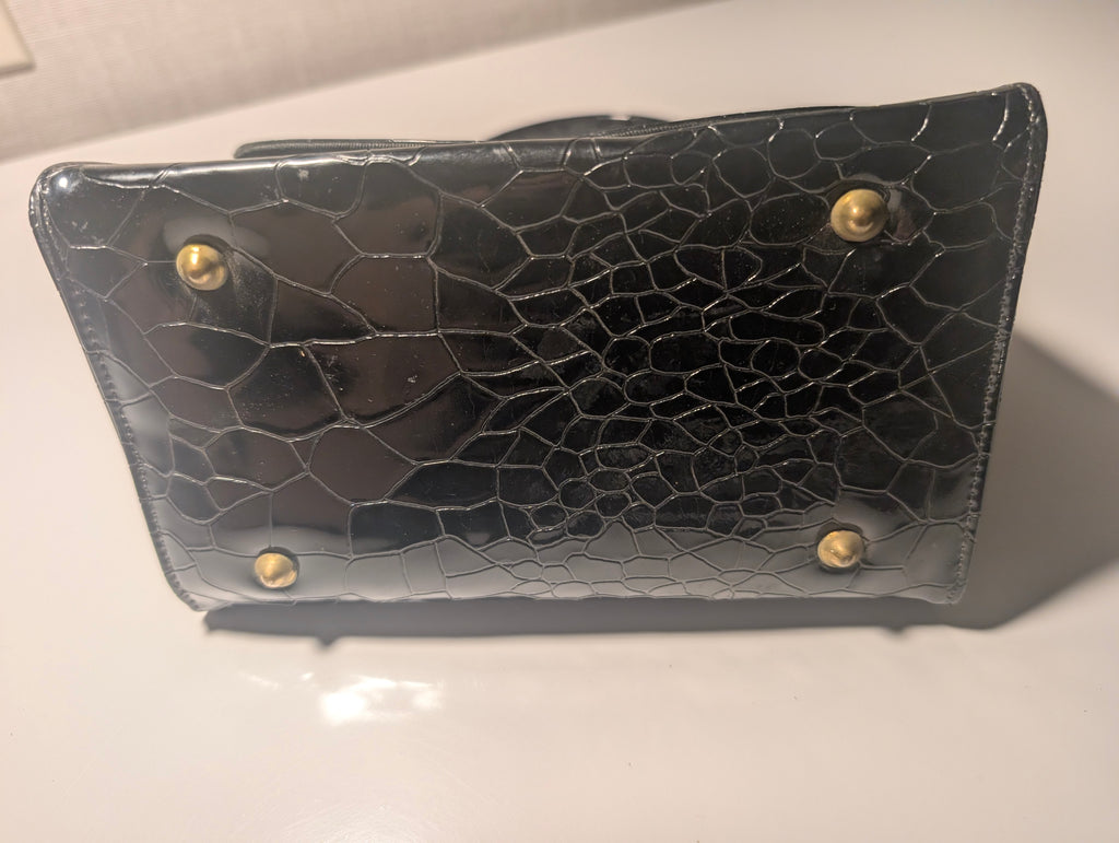 Black Patent Reptile Embossed Top Handle Handbag Mid Century Purse Retro