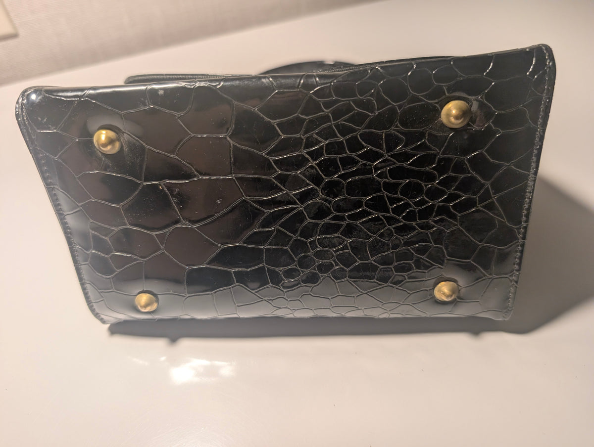 Black Patent Reptile Embossed Top Handle Handbag Mid Century Purse Retro