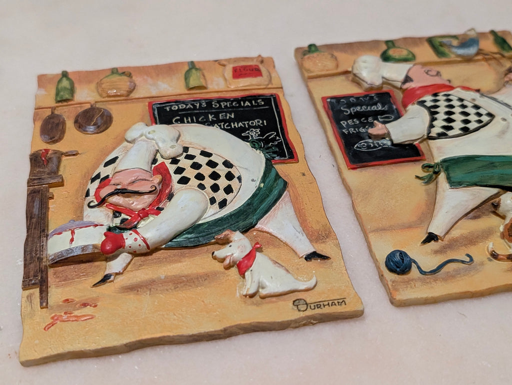 Set of 3 Vintage Durham 3D 'Fat Chef' Kitchen Wall Plaques Italian Restaurant